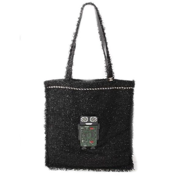 Chanel Tote Bag Shopping Bag Tweed Robot Large Black Green Tweed Resin Strass - Picture 1 of 4